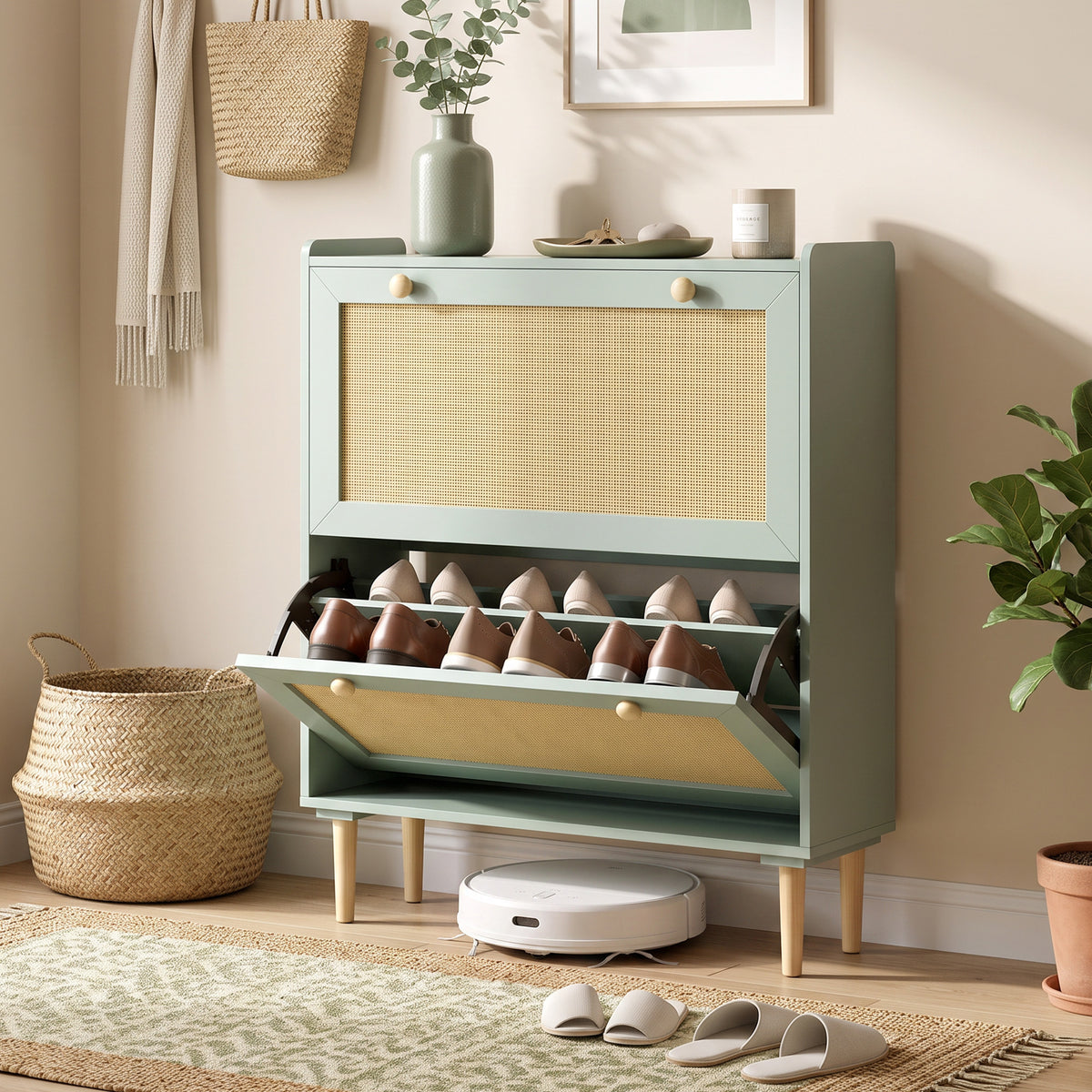 Shoe cabinet with 2 tilt-out compartments and adjustable shelves, light green (2)