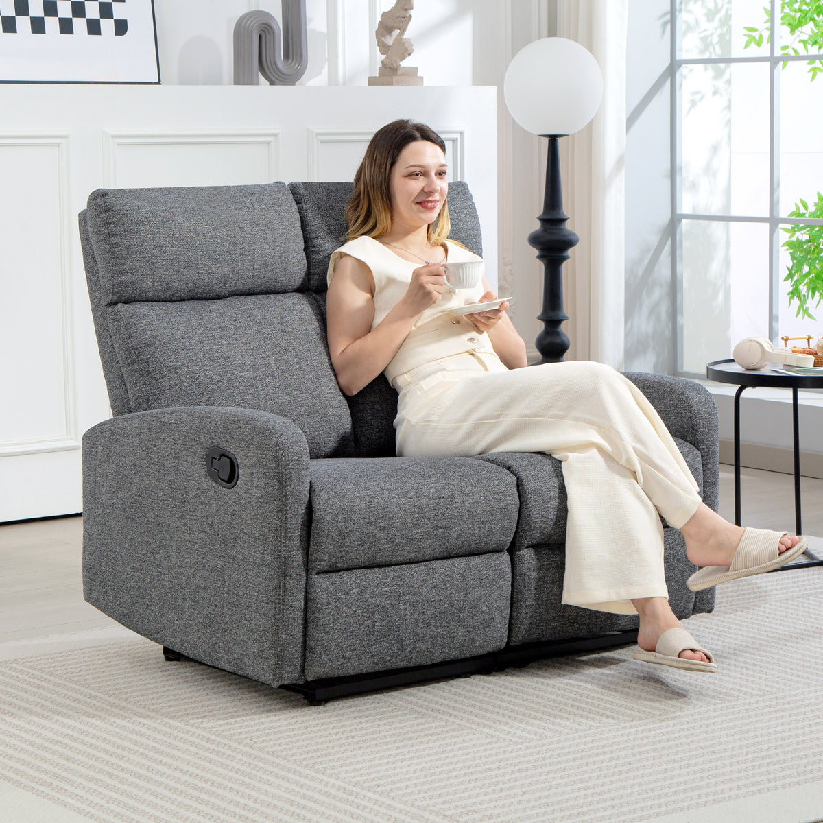 2-seater sofa, individually adjustable backrests, footrest, fabric cover, steel, grey (2)