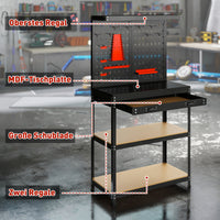 Workbench 80 x 40.5 x 155 cm tool bench with pegboard, hooks, drawer, 2 shelves for workshop black (4)