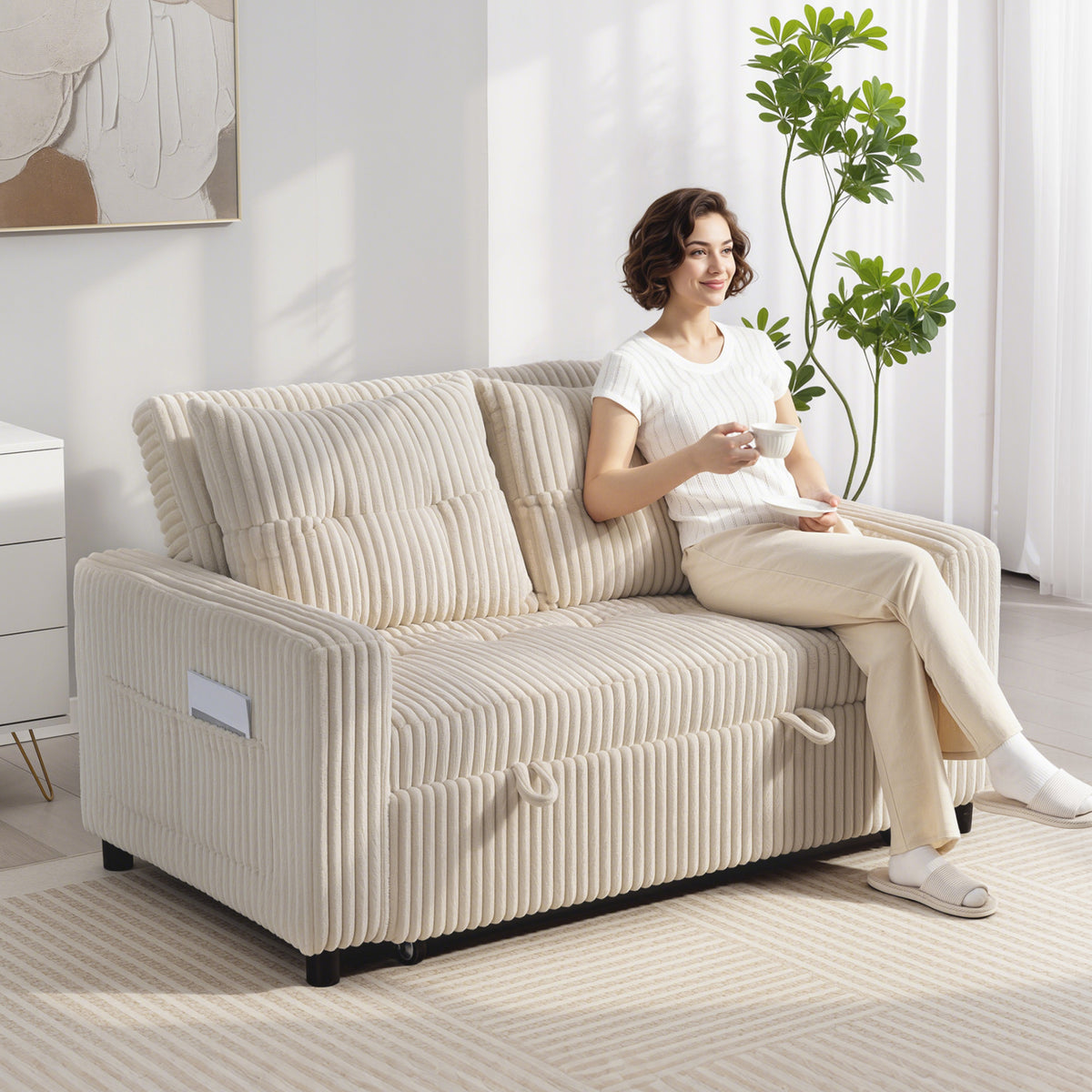 2-seater sofa bed, corduroy cover, convertible into a sofa bed, 2 cushions, side pockets, 157 x 190 cm, cream (2)