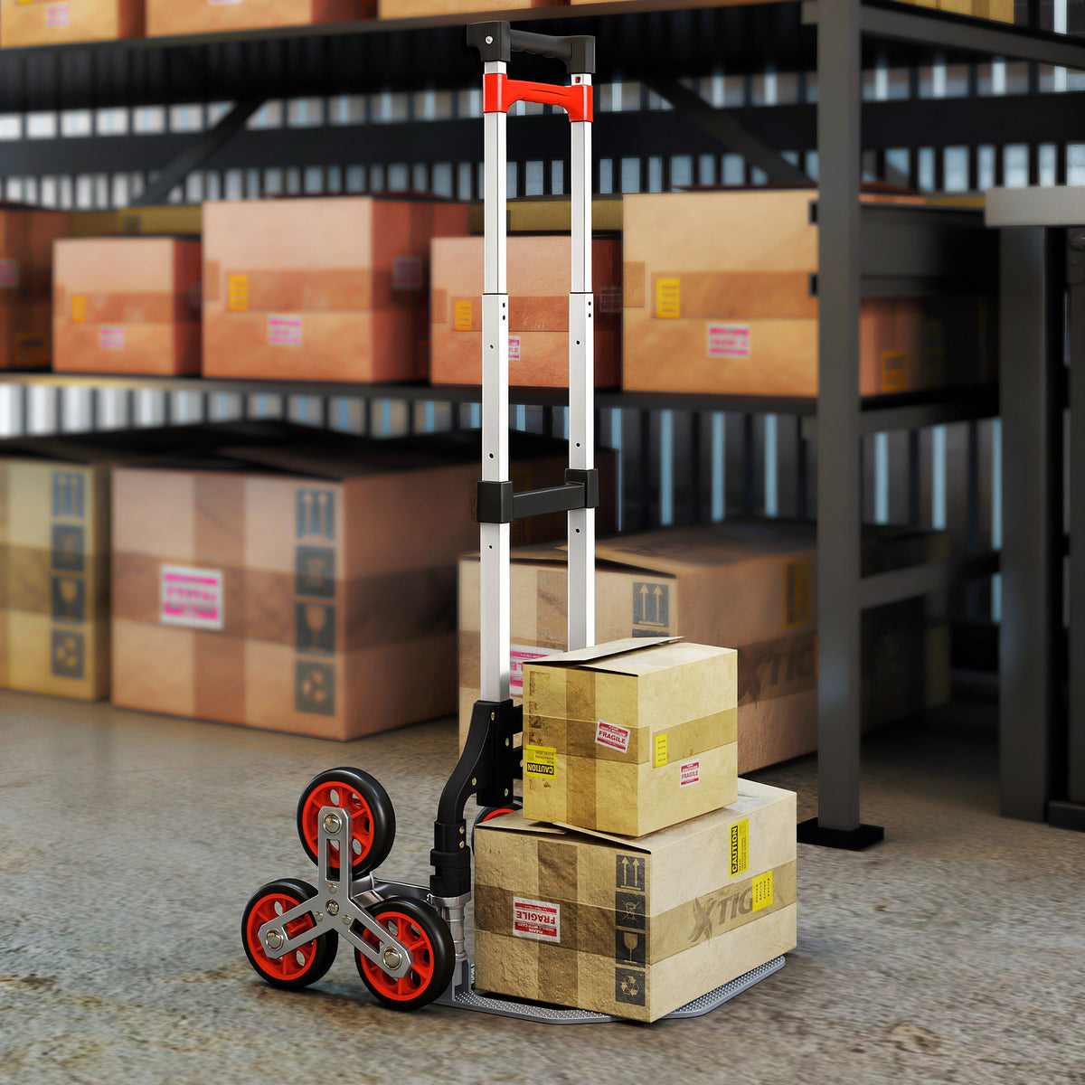 Foldable stair-climbing trolley, 6-wheel system, 70 kg capacity, aluminum, red (2)