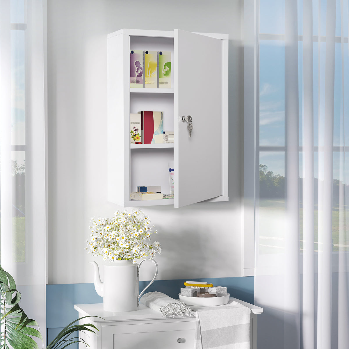 Medicine cabinet, medical cabinet for medication storage, lockable metal medicine cupboard with 3 compartments (2)