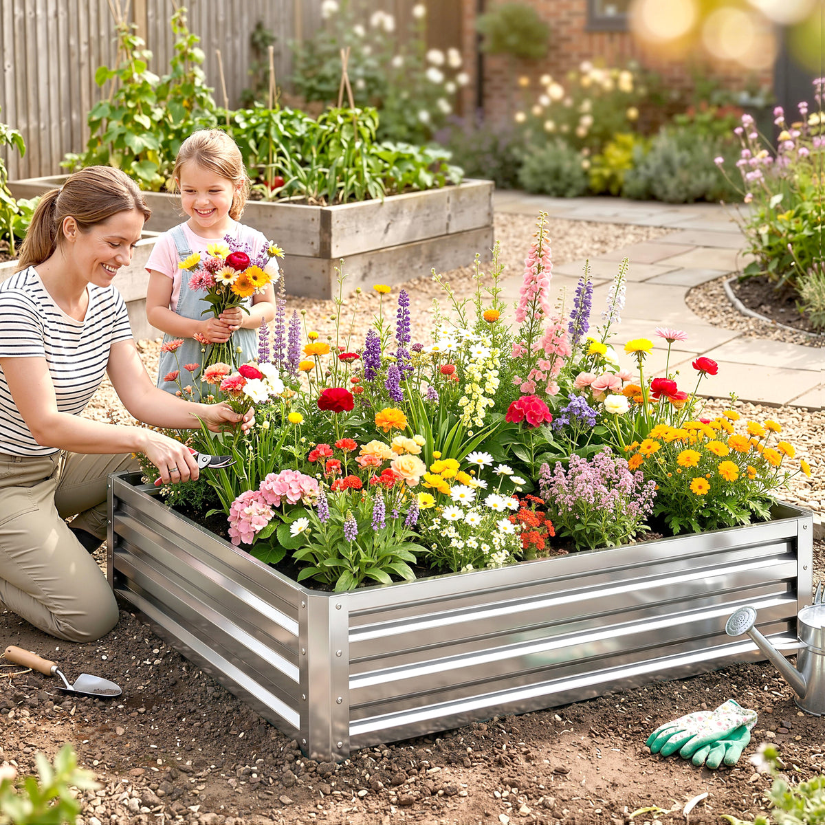 Garden bed, planter box with steel frame, silver, 120 x 120 x 30 cm (2)