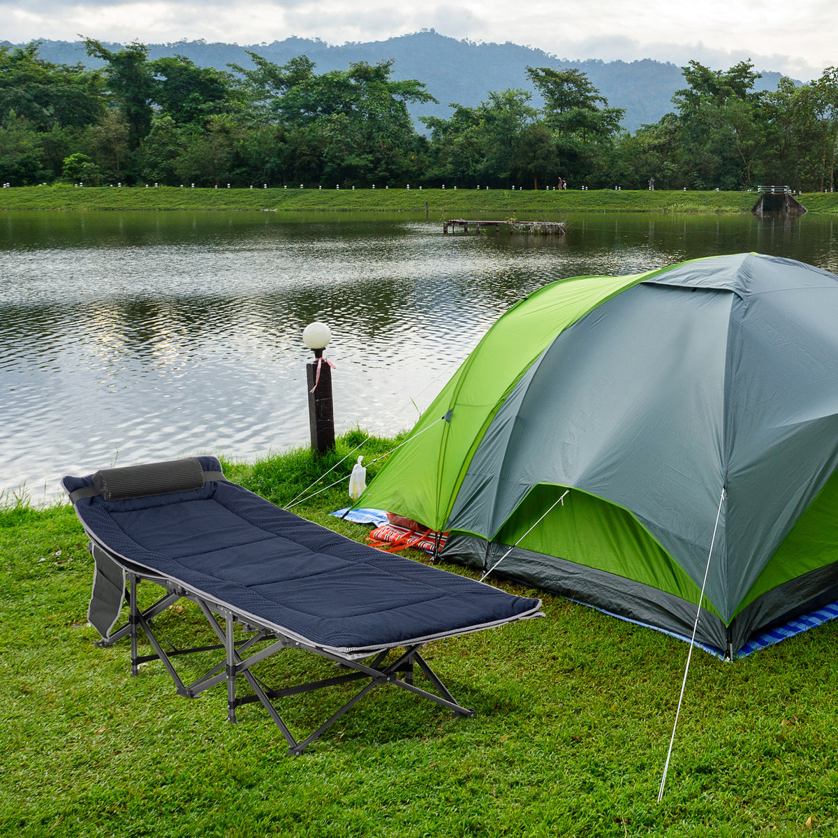 Camping bed, folding cot with pillow, 188 x 64.5 x 53 cm, dark blue+gray (2)