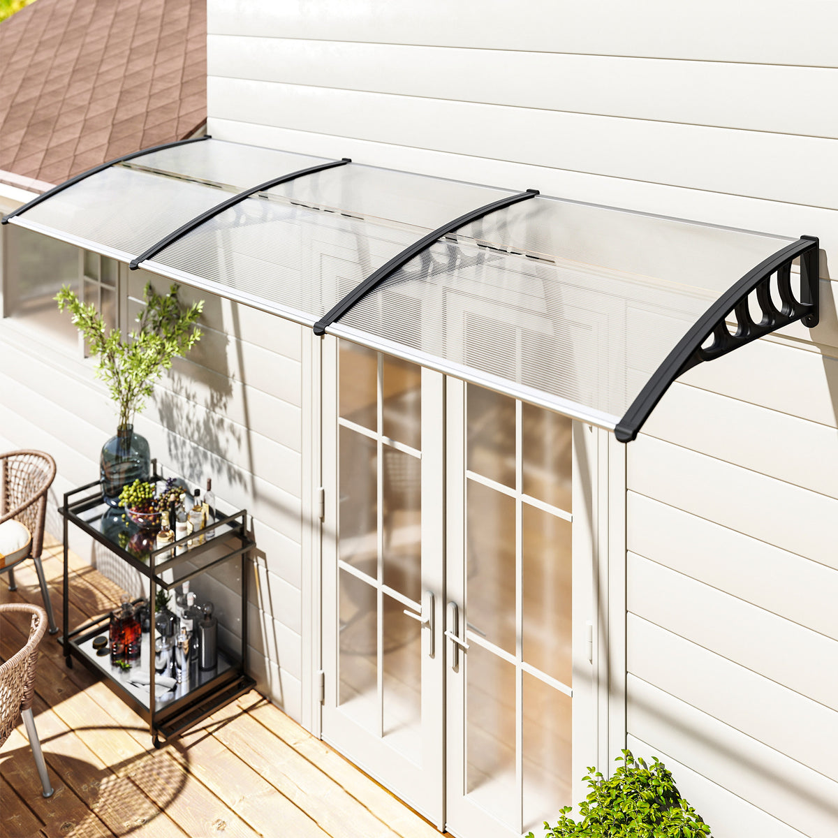 Canopy for front door/window, weatherproof, transparent, aluminum connecting rods/polycarbonate, 303x96x27cm (2)