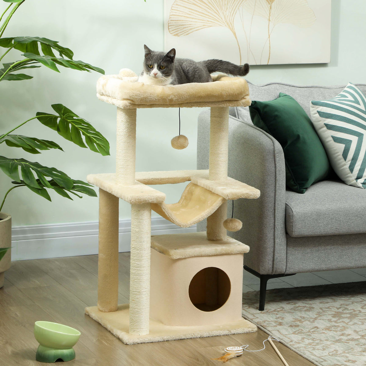 Cat tree, scratching post with toy, perch, hammock, 48 x 48 x 90 cm, cream (2)