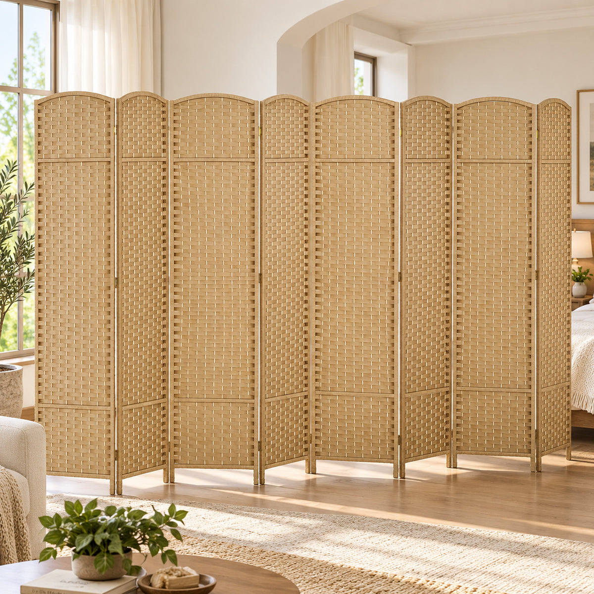 8-panel room divider, foldable privacy screen, privacy wall for living room, bedroom, home office, natural (2)
