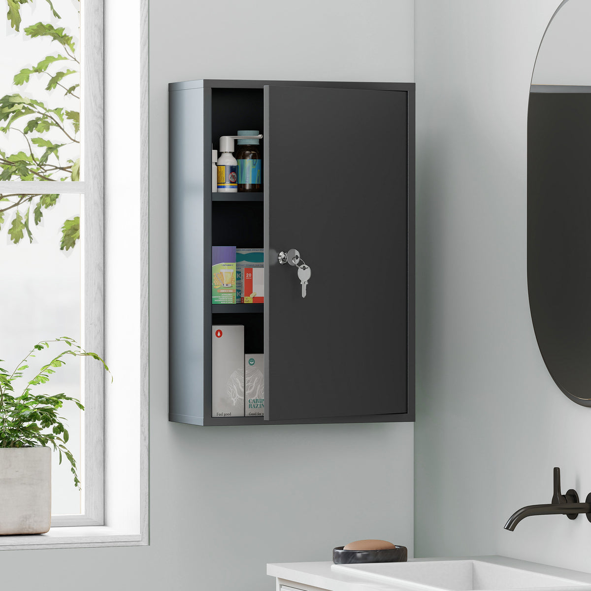 Wall-mounted medicine cabinet, bathroom cabinet with 3 shelves, 2 keys, 40 x 18 x 60 cm, grey (2)