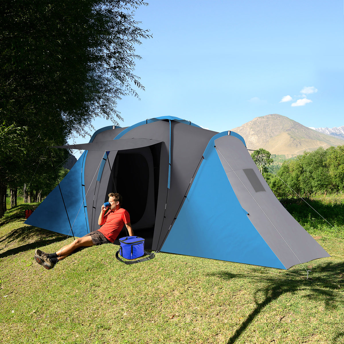 Tunnel tent, 2000mm water-repellent camping tent for 4 people, with 2 bedrooms, living area, carry bag (2)