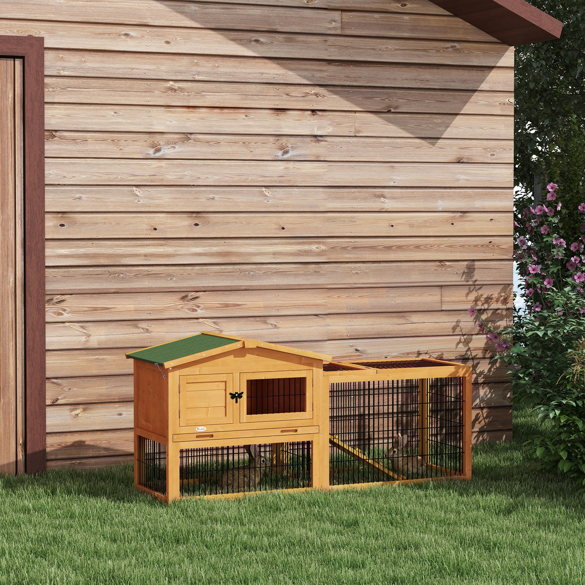 Rabbit Hutch 2 Levels Rabbit Stall Fir Wood Winterproof Double-Decker House with Run Ramp 150x52x68 cm Yellow (2)
