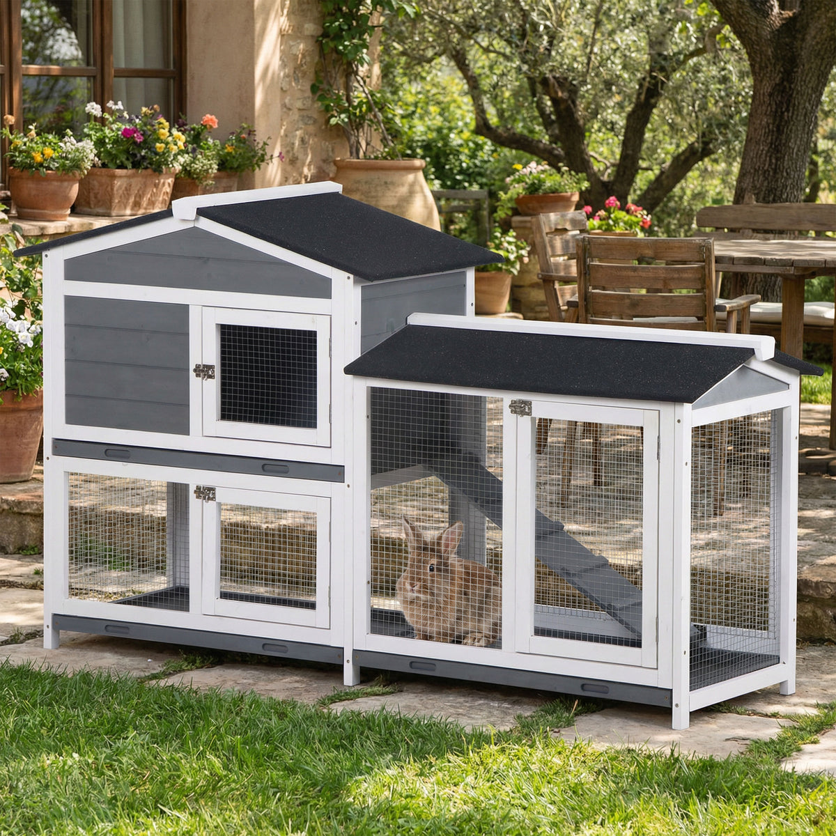 Rabbit Hutch Rabbit Cage with Outdoor Run Ramp Small Animal Hutch Made of Wood with 2 Floors Floor Tray (2)