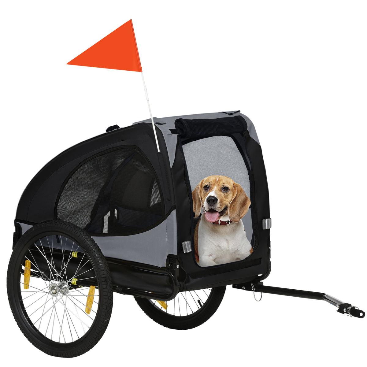 Dog bike trailer up to 20kg, mesh windows, roll-up cover, universal hitch, black, 140 x 71 x 83 cm