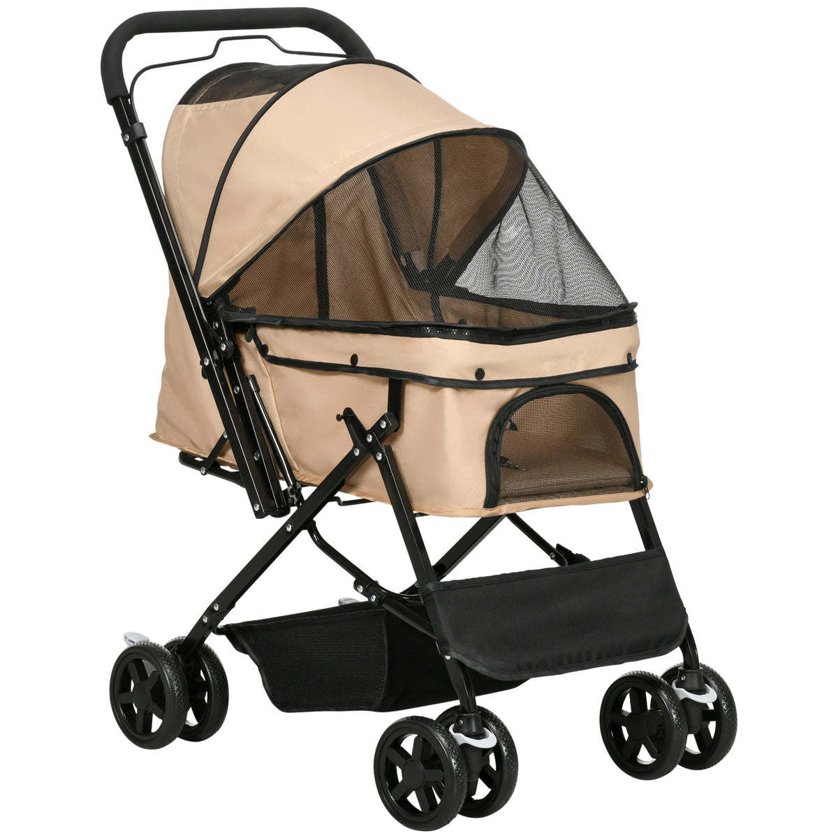 Dog stroller, foldable, 1 basket, 2 brakes, incl. safety leash, light brown