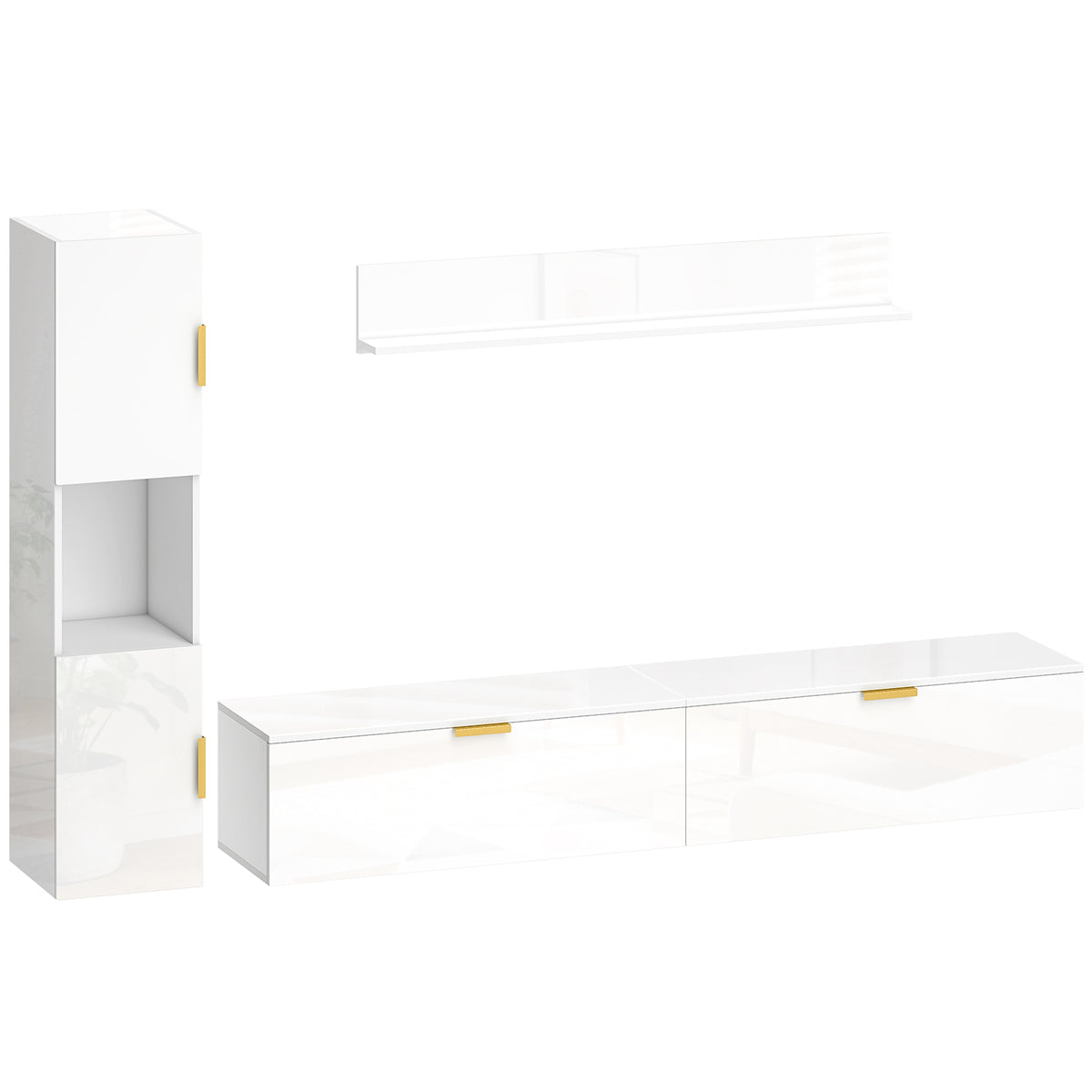Floating TV stand with drop-down doors, entertainment center, wall shelf, cabinet, 180 cm, high-gloss white
