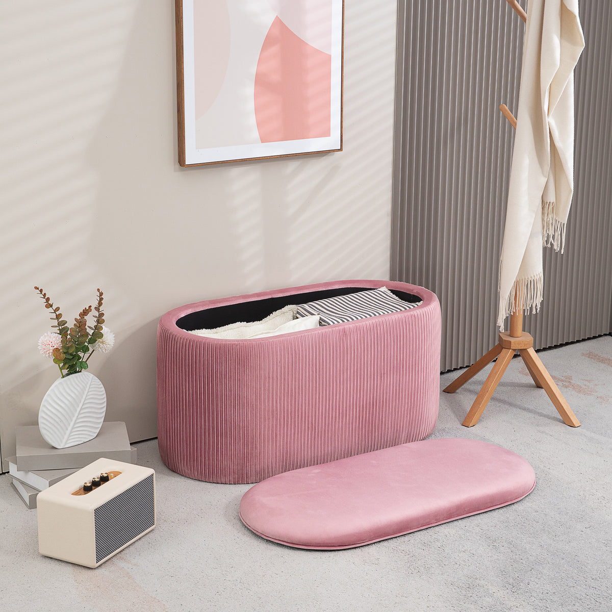 Bench, storage bench, upholstered bench, ottoman, retro design, velvet look, 81 cm x 40 cm x 41 cm, old rose (10)