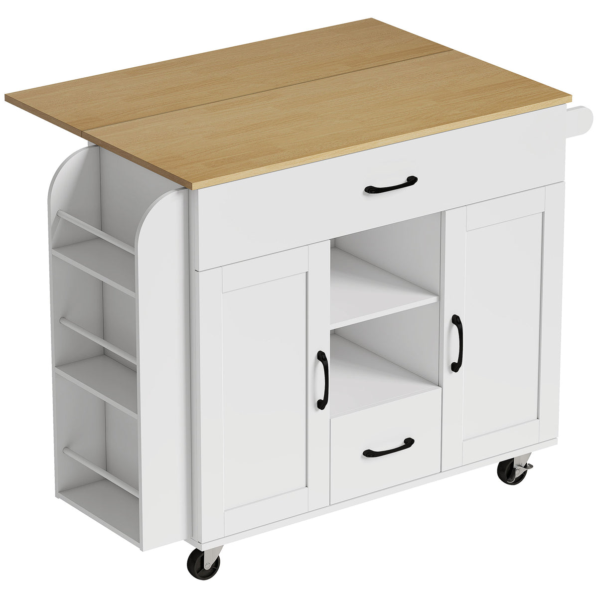 Rolling kitchen island, fold-out work surface, soft-close cabinet doors, drawers, towel rack, MDF, white