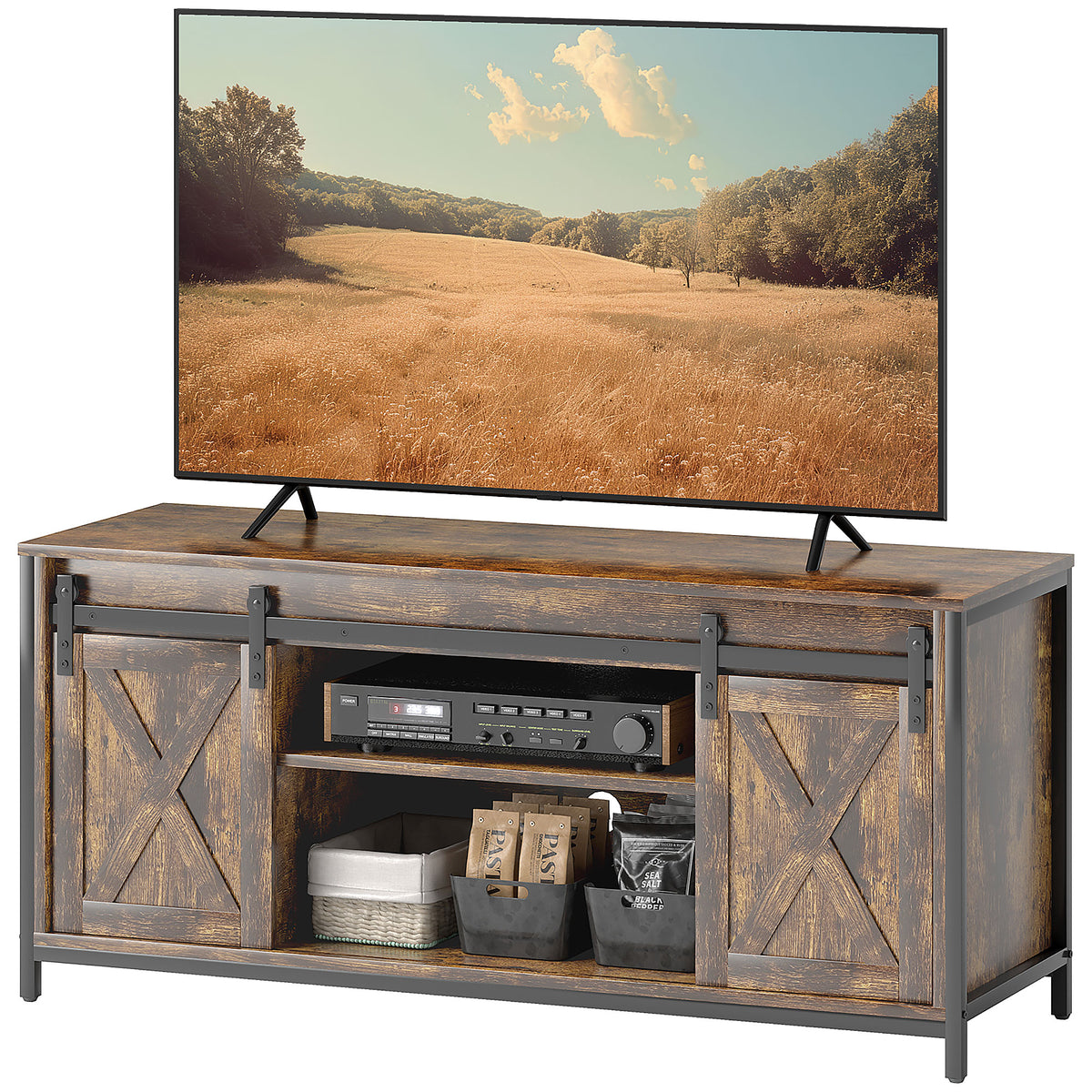 TV stand, industrial design, for 60'' TVs, 6 compartments, 2 sliding doors, brown/black