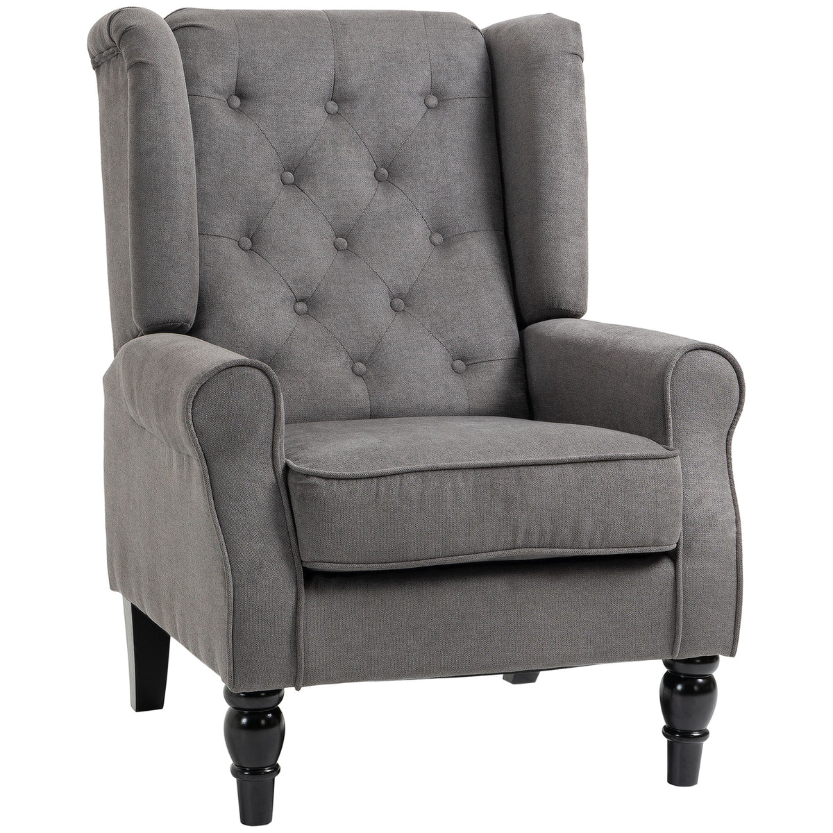 Vintage-style wingback chair, reading chair, accent chair, wooden legs, button tufting, gray + black