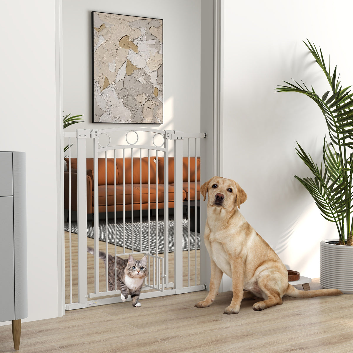 106 cm high pet gate with adjustable width, integrated cat door, for stairs and door frames, white (2)