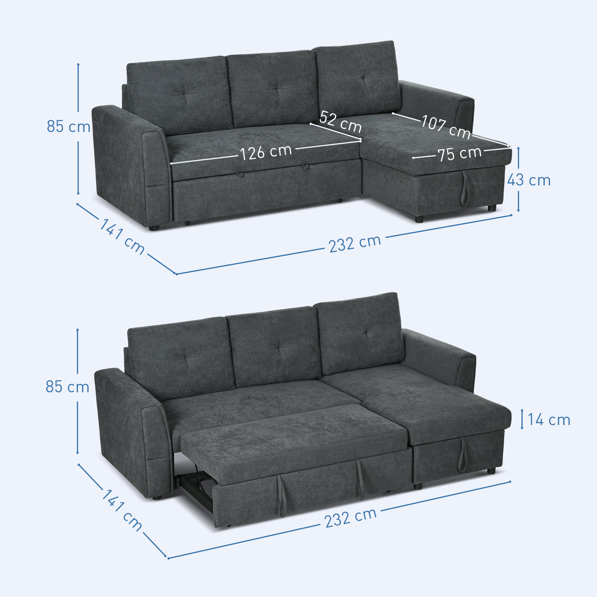 3-seater sofa with bed function, sofa bed with chaise longue, upholstered sofa, dark grey (3)