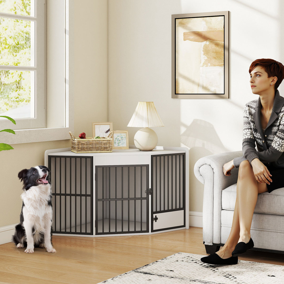 Dog crate, containment crate for small and medium-sized dogs, pet crate, feeding door, MDF, metal, white (2)