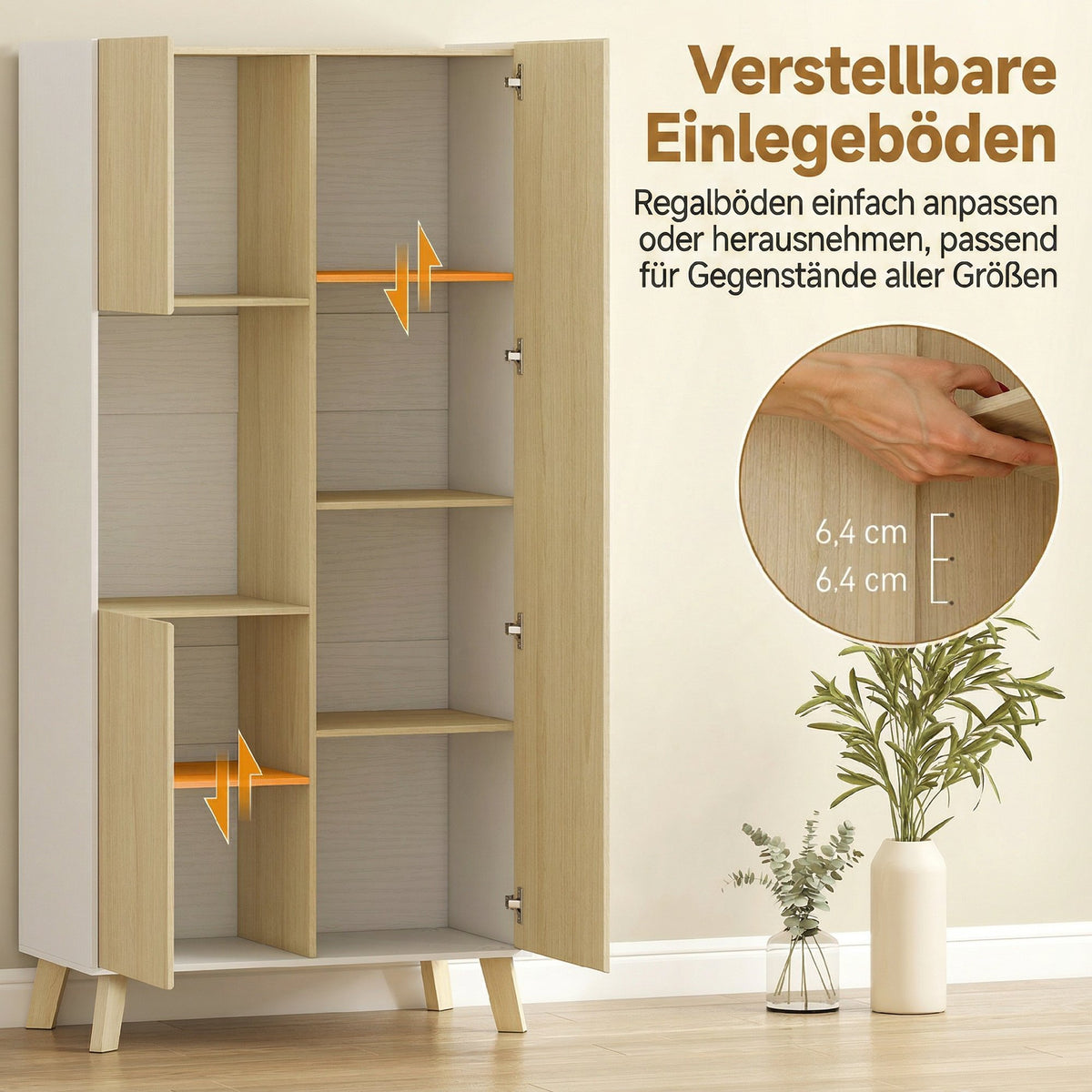 170 cm kitchen cabinet, modern cabinet with open compartment, adjustable shelves, natural wood look (5)