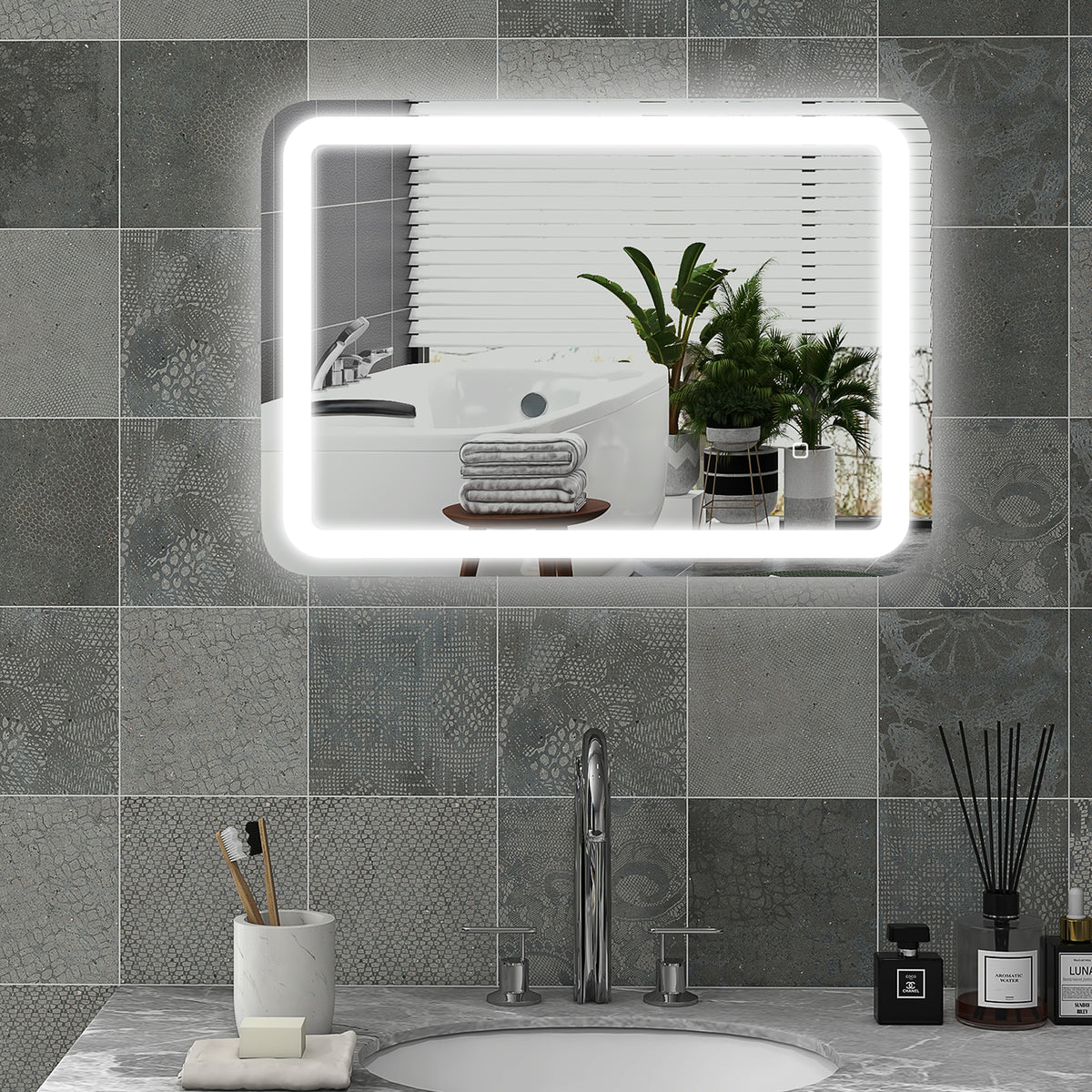 Bathroom mirror, illuminated, touch control, anti-fog, dimmable, 3 light colors, 50x70, silver (2)