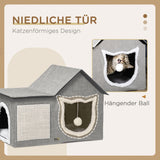 Cat house with scratching surface, incl. toy ball, cat cave, 65 cm x 41 cm x 45.5 cm H, brown + white + beige (6)