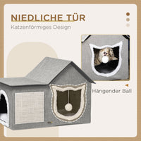 Cat house with scratching surface, incl. toy ball, cat cave, 65 cm x 41 cm x 45.5 cm H, brown + white + beige (6)