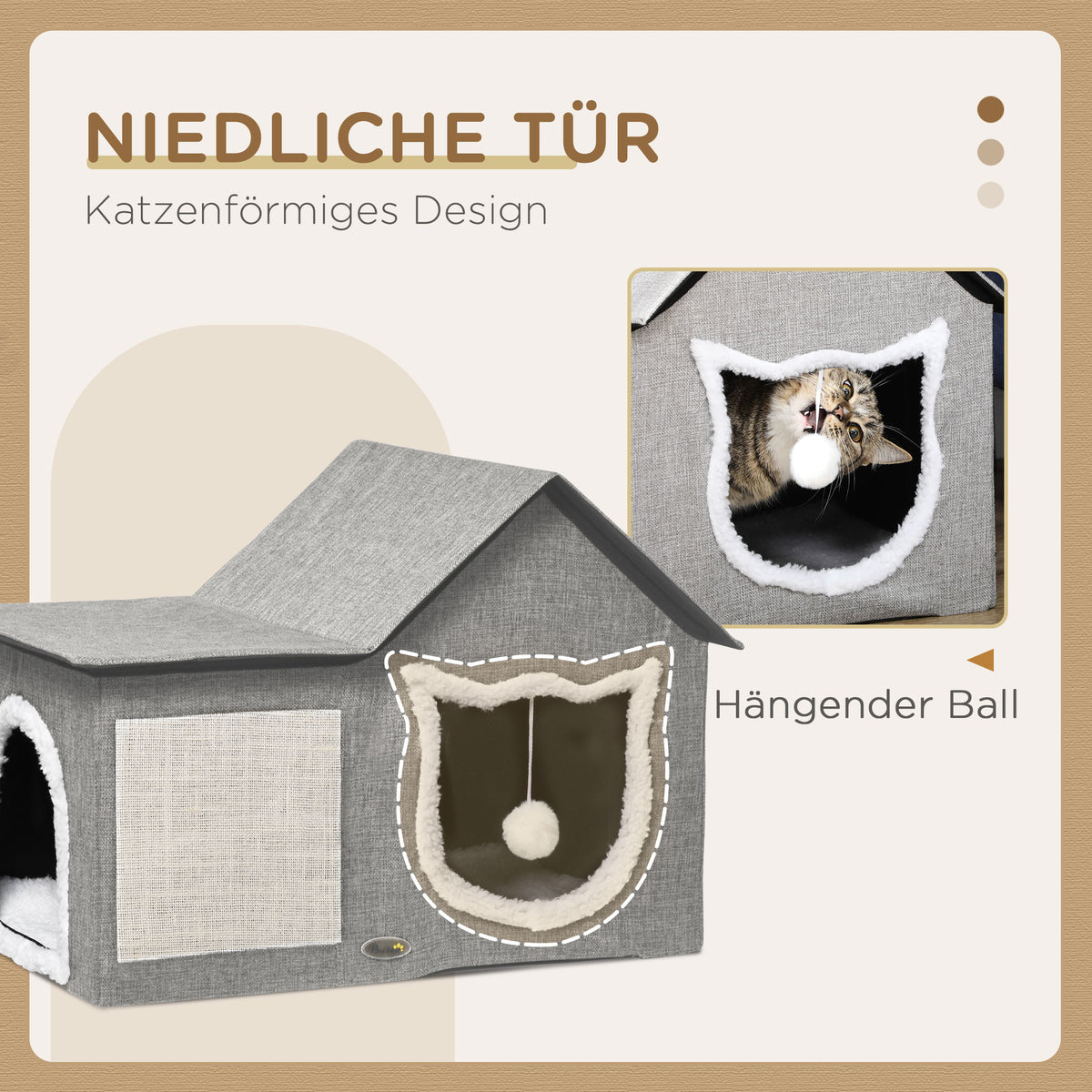 Cat house with scratching surface, incl. toy ball, cat cave, 65 cm x 41 cm x 45.5 cm H, brown + white + beige (6)