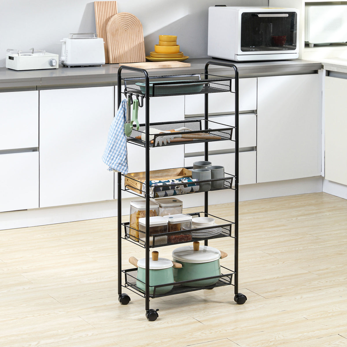 Kitchen trolley with 5 wire baskets, 4 hooks, 4 casters, 2 handles, steel/plastic, 45x26.5x106 cm, white (2)
