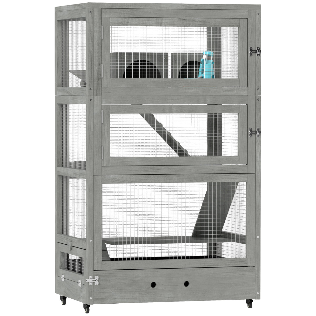 4-tier wooden hamster cage, with huts, seesaw, feeding bowls, ramps, castors, 65 x 45 x 109 cm, grey
