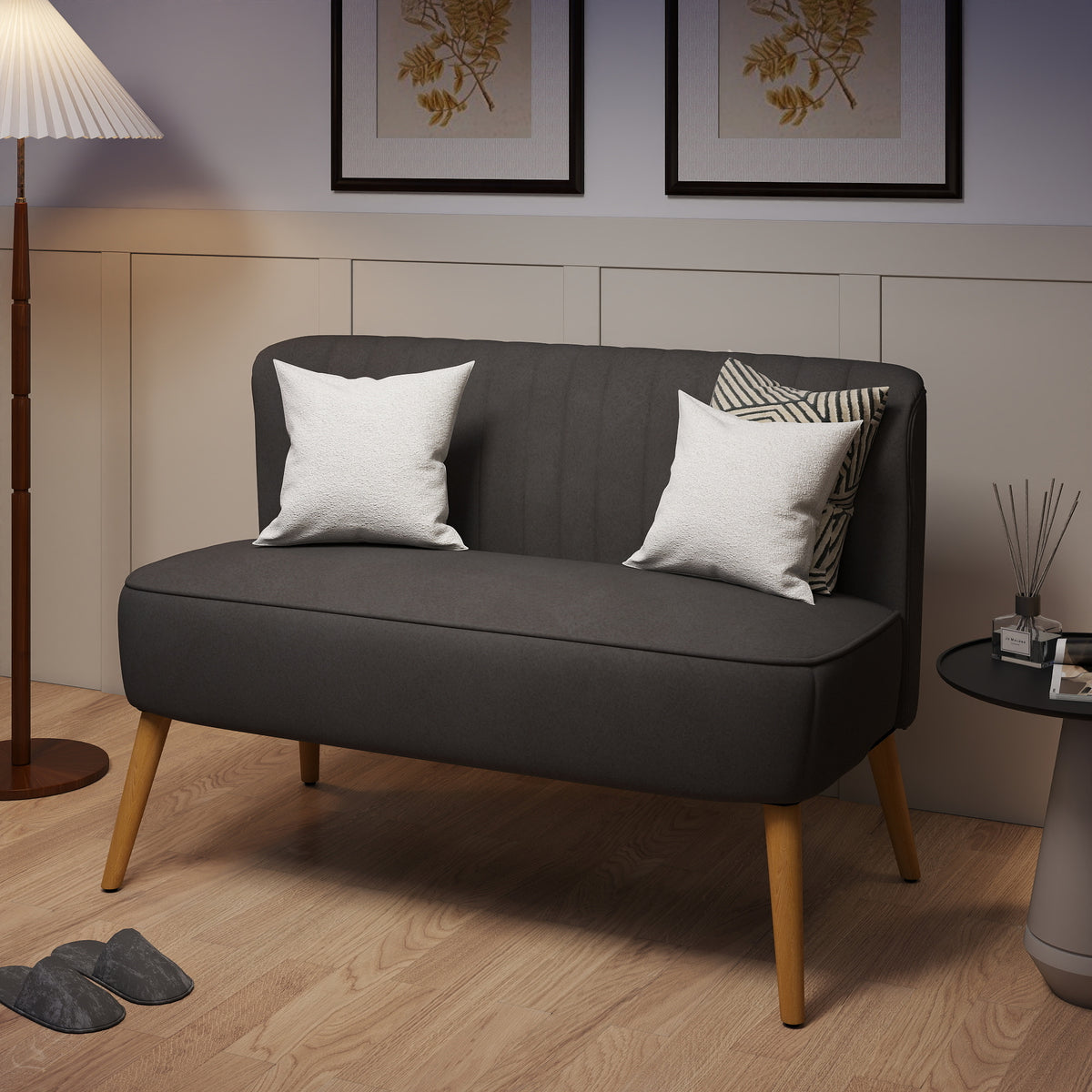 Retro design 2-seater sofa, wooden legs, 117 cm x 56.5 cm x 77 cm, dark gray (2)