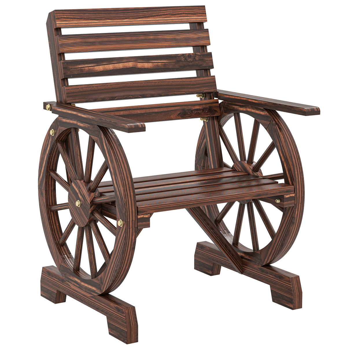 Wooden garden chair, garden armchair with wagon wheel design, rustic style wooden chair, charred