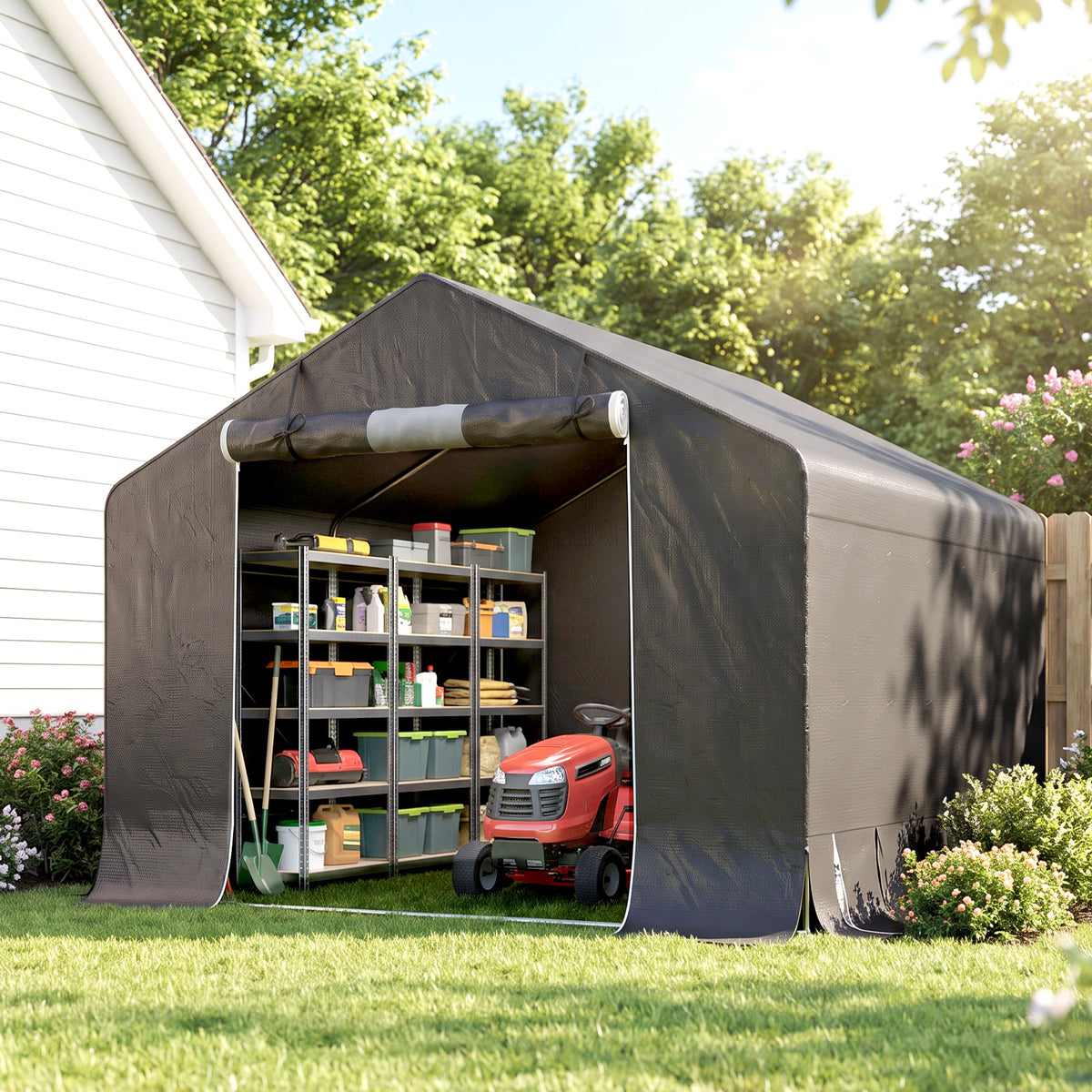 Portable garden shed, bike tent, zippered roll-up door, metal frame, versatile storage, dark gray (2)