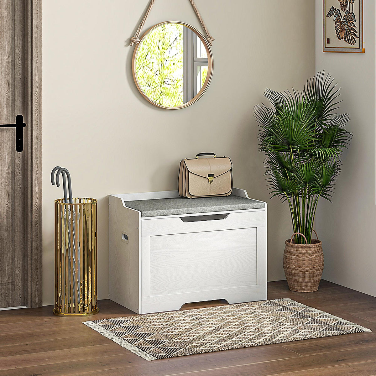 103L Storage Chest, Storage Bench with Safety Hinge, Seat Cushion, for Various Rooms, White (2)