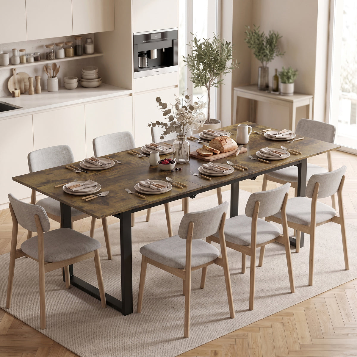 Extendable dining table 140-180 cm for 6-8 people, rectangular in industrial design with a steel frame, tiger (2)