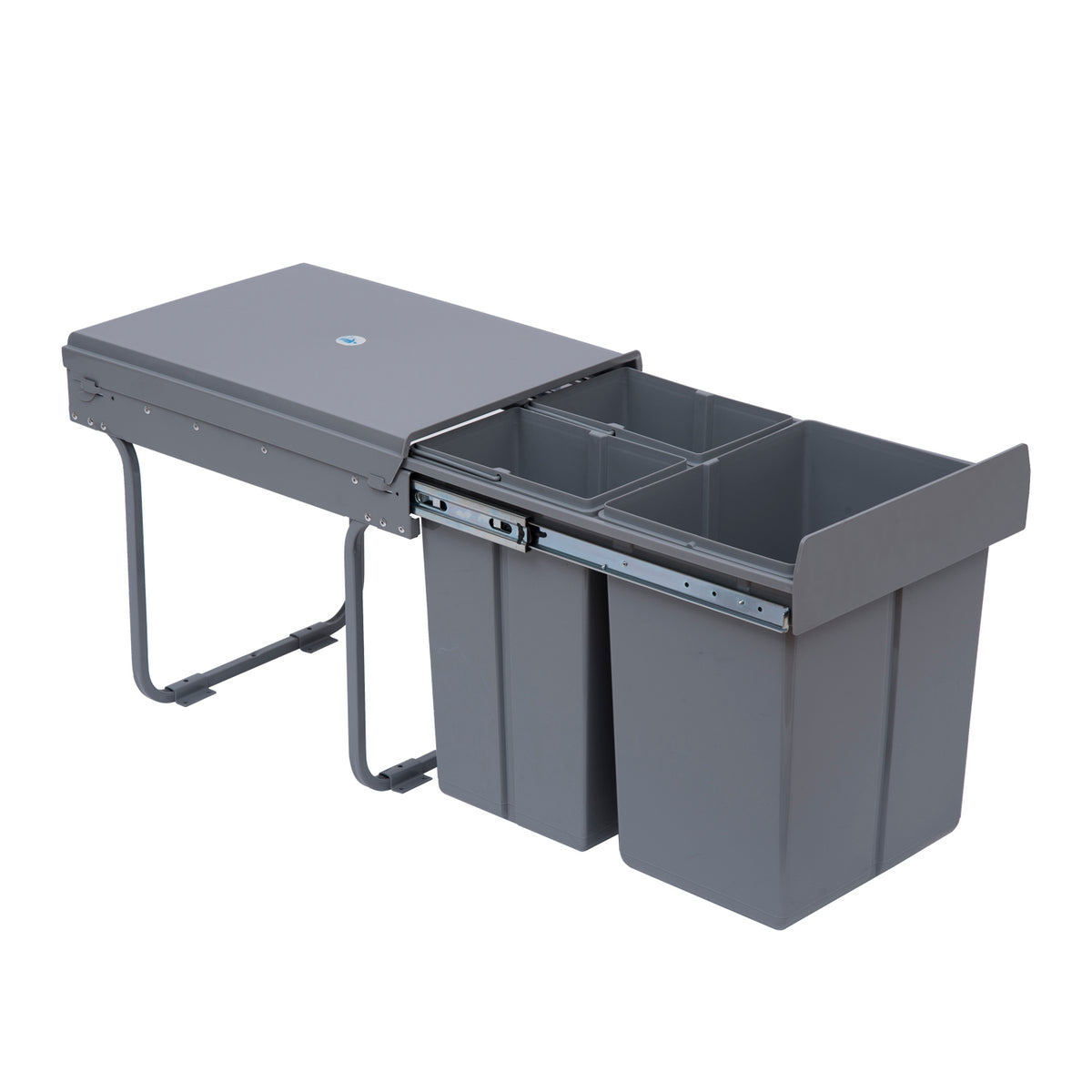 Waste bin unit with 3 compartments for waste separation, rail system, built-in, set of 3 waste bins, grey