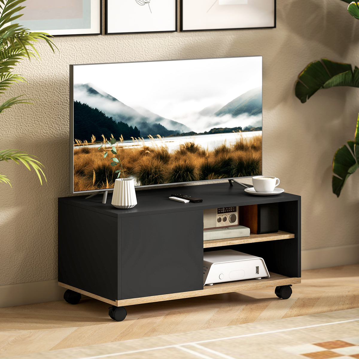 TV stand on casters with brakes, TV unit with cabinet and adjustable shelf, black and oak (2)