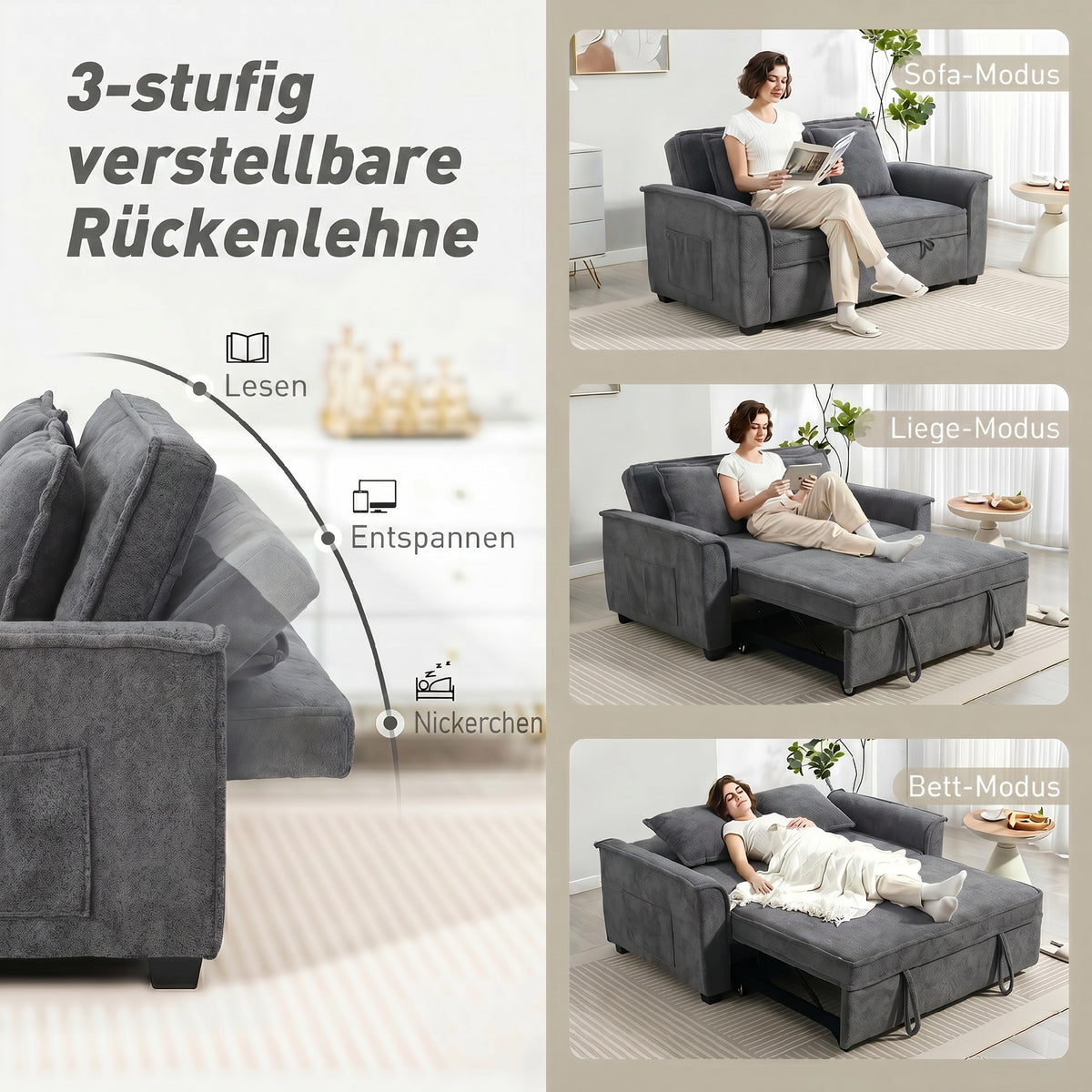 Futon sofa bed, adjustable backrest, 2-seater with 2 cushions, dark grey (5)