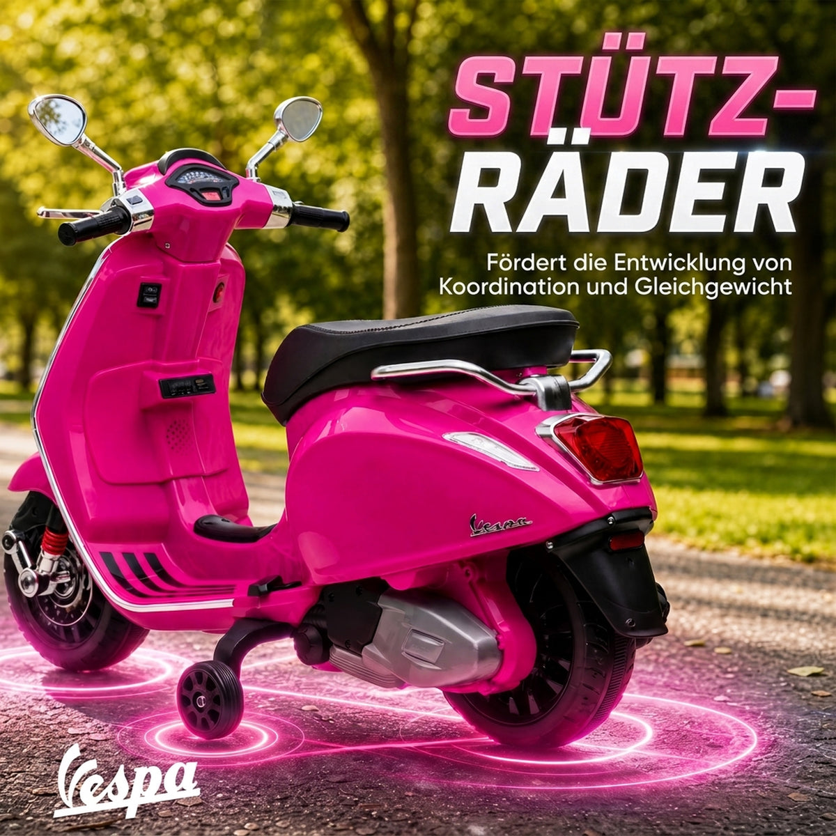 Electric children's motorcycle, Vespa, 3 km/h, 3-6 years, music, light & radio, pink (6)