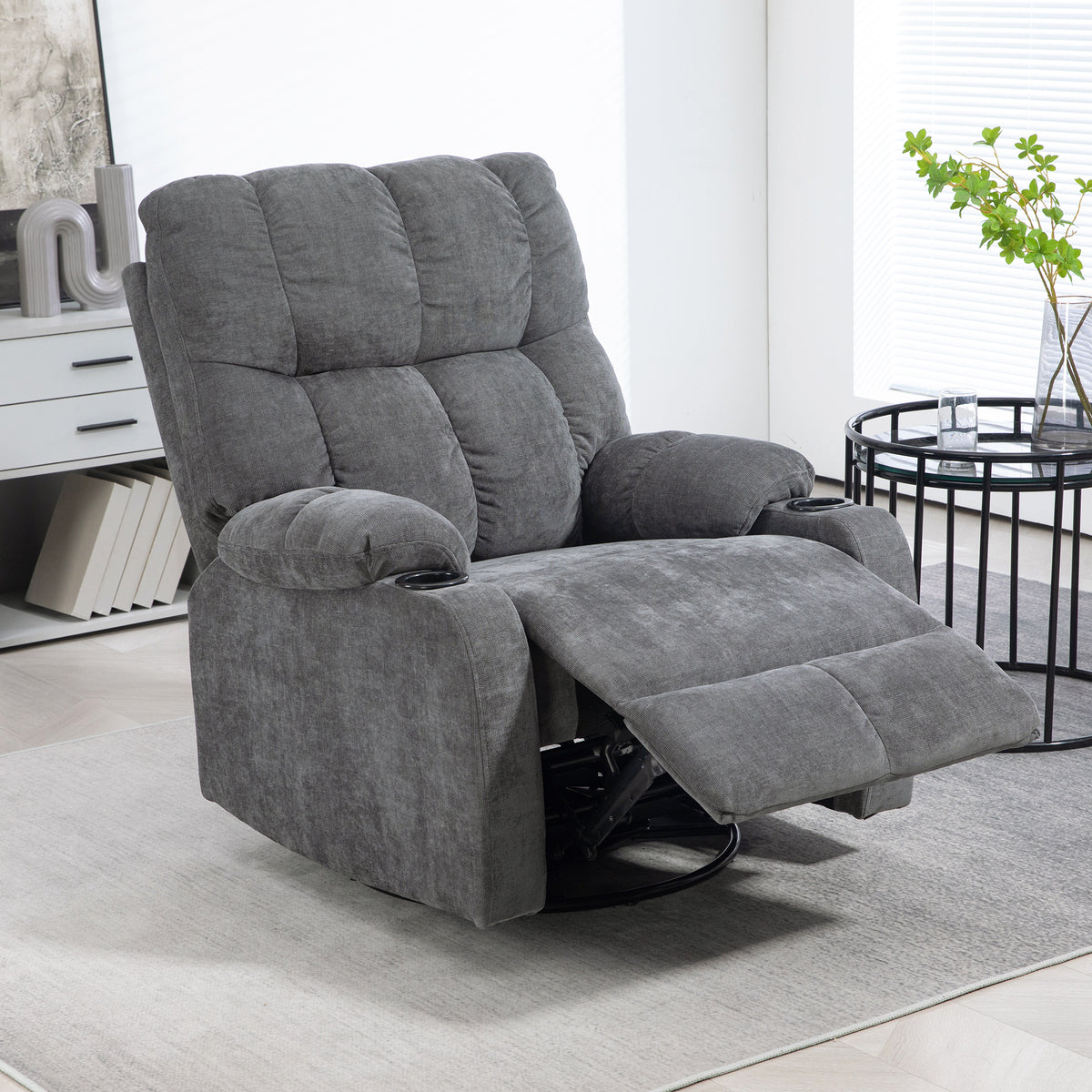 Recliner chair with footrest, lounge chair, swivel, up to 150 kg, steel frame, 88x96x108cm, dark gray (2)
