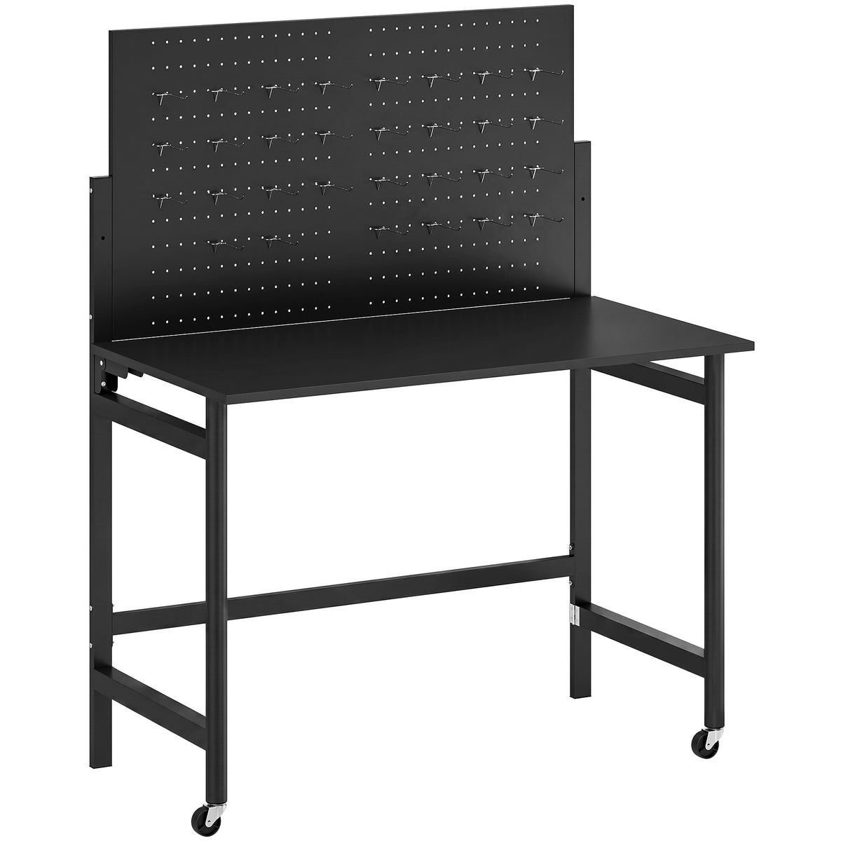Workbench with pegboard, foldable mobile workbench with wheels, thick worktop, steel frame, hooks, black