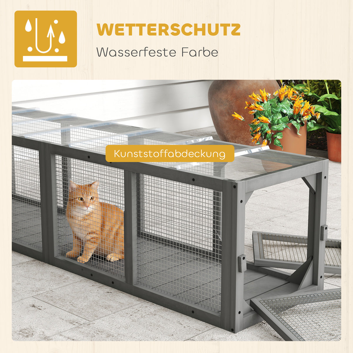 Cat tunnel, wooden cat toy with 3 doors, expandable play tunnel for cats up to 10 kg, 151.5 x 38.5 cm grey (5)