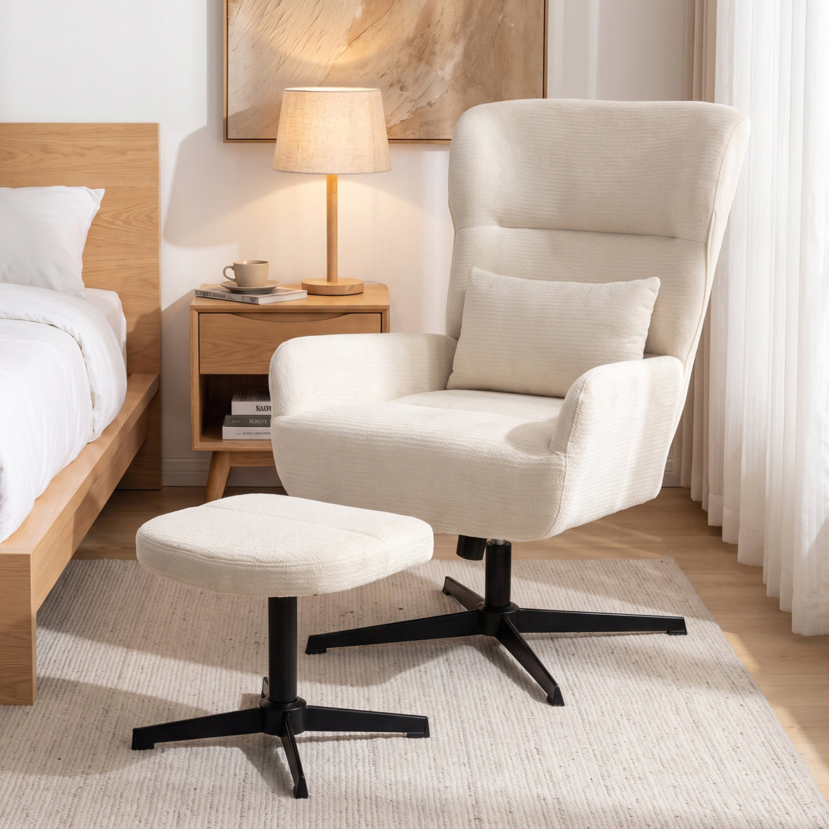 360° swivel lounge chair with ottoman, height-adjustable, chenille upholstery, with lumbar pillow, cream white (2)