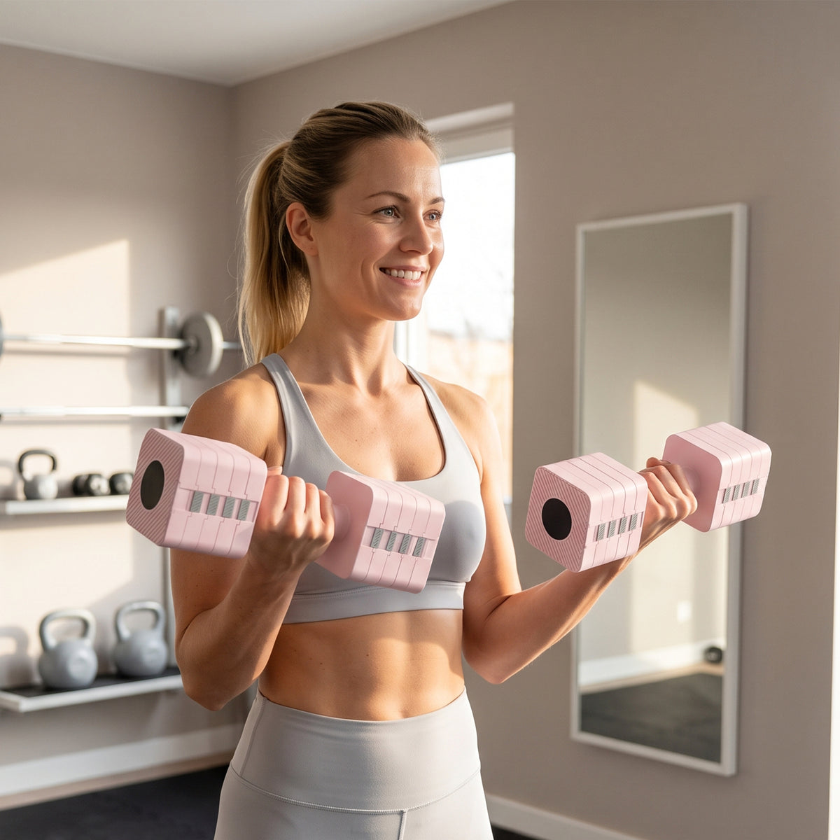 Adjustable dumbbell, 2 x 5kg dumbbells with non-slip grip, square steel dumbbell set pink (2)