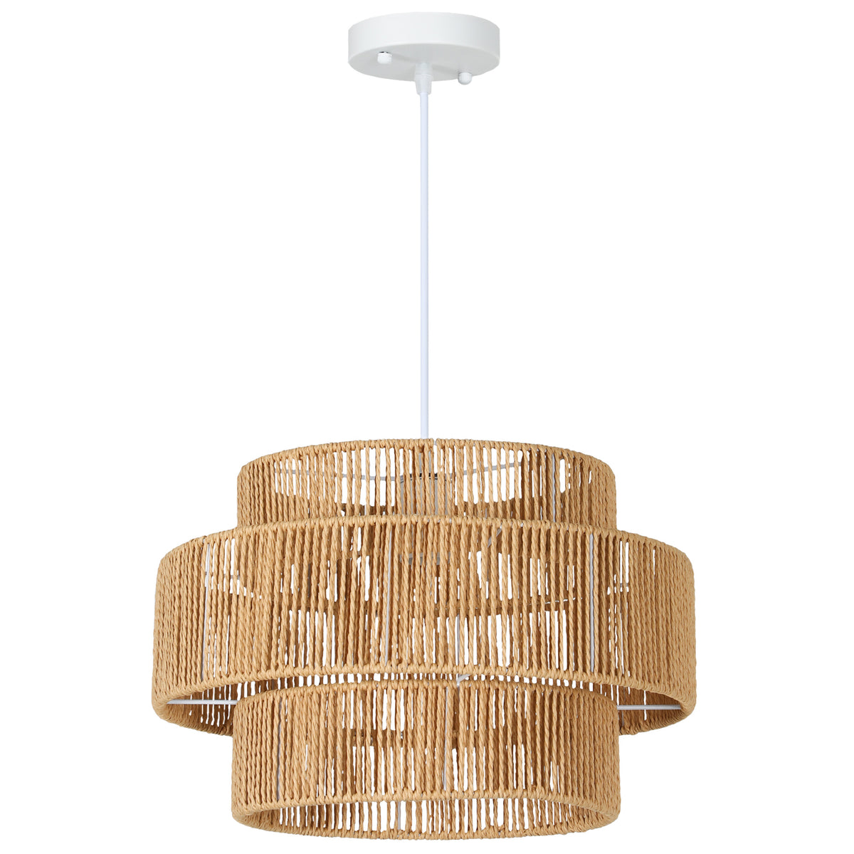 Pendant lamp, 3-tier lampshade, metal, hemp rope, light brown