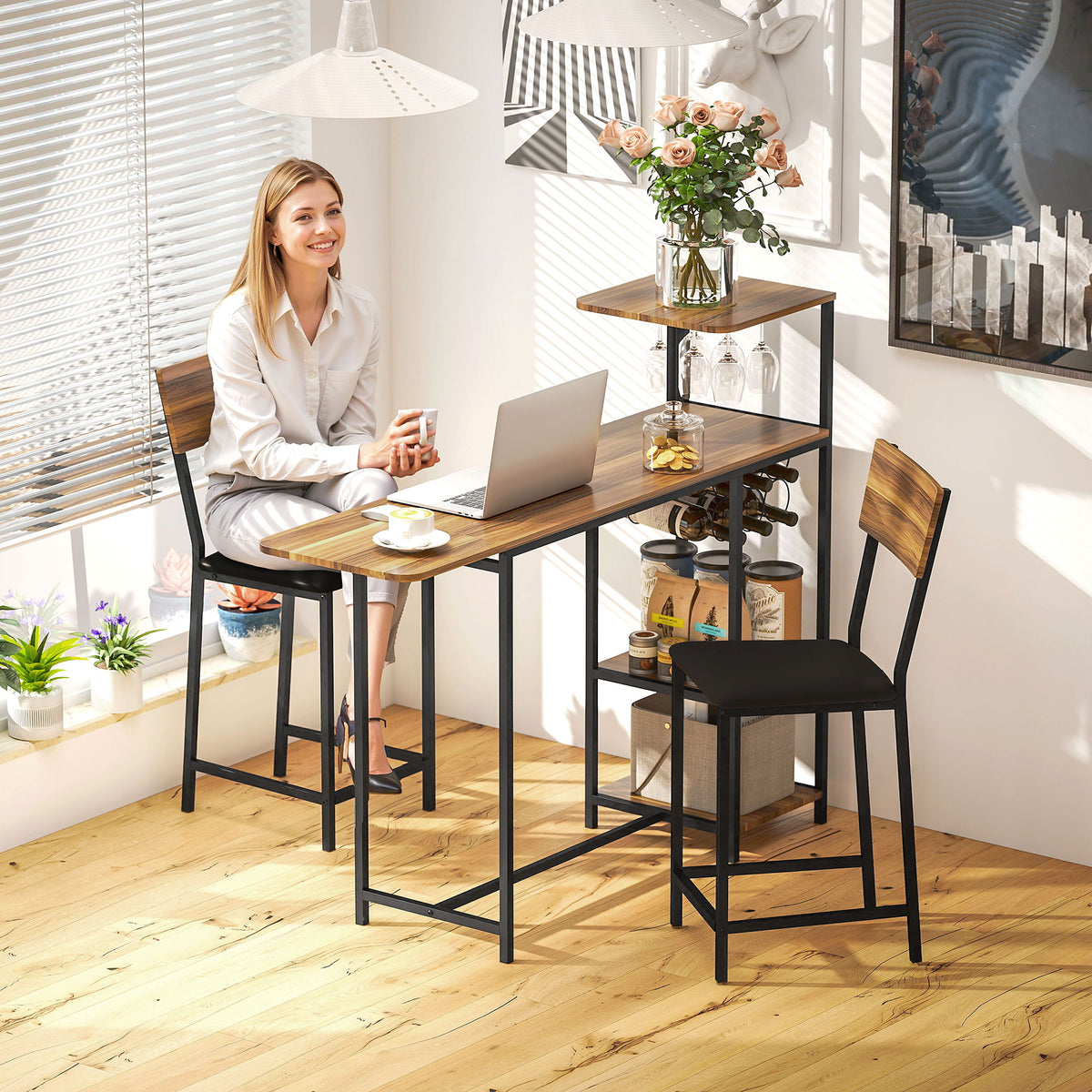3-piece bar table set, 1 bar table, 2 chairs, with wine rack, glass holder, open shelves, footrests, brown (2)