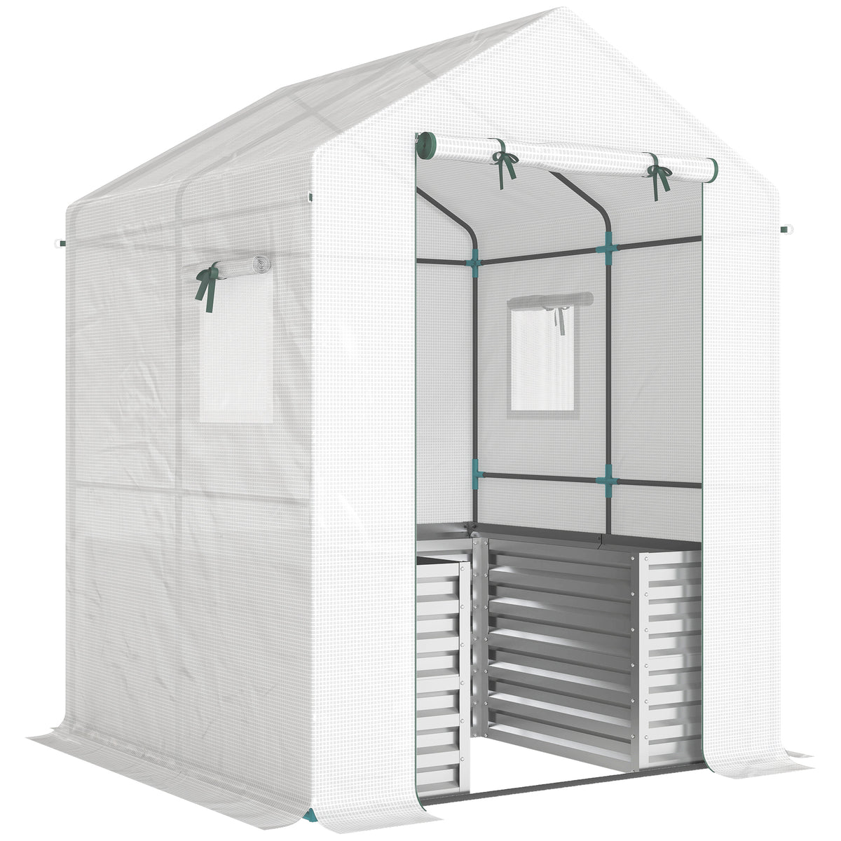 Tomato Greenhouse Foil Greenhouse with Raised Bed, Roll-up Door, Window, and Slanted Roof 141 x 141 x 190 cm