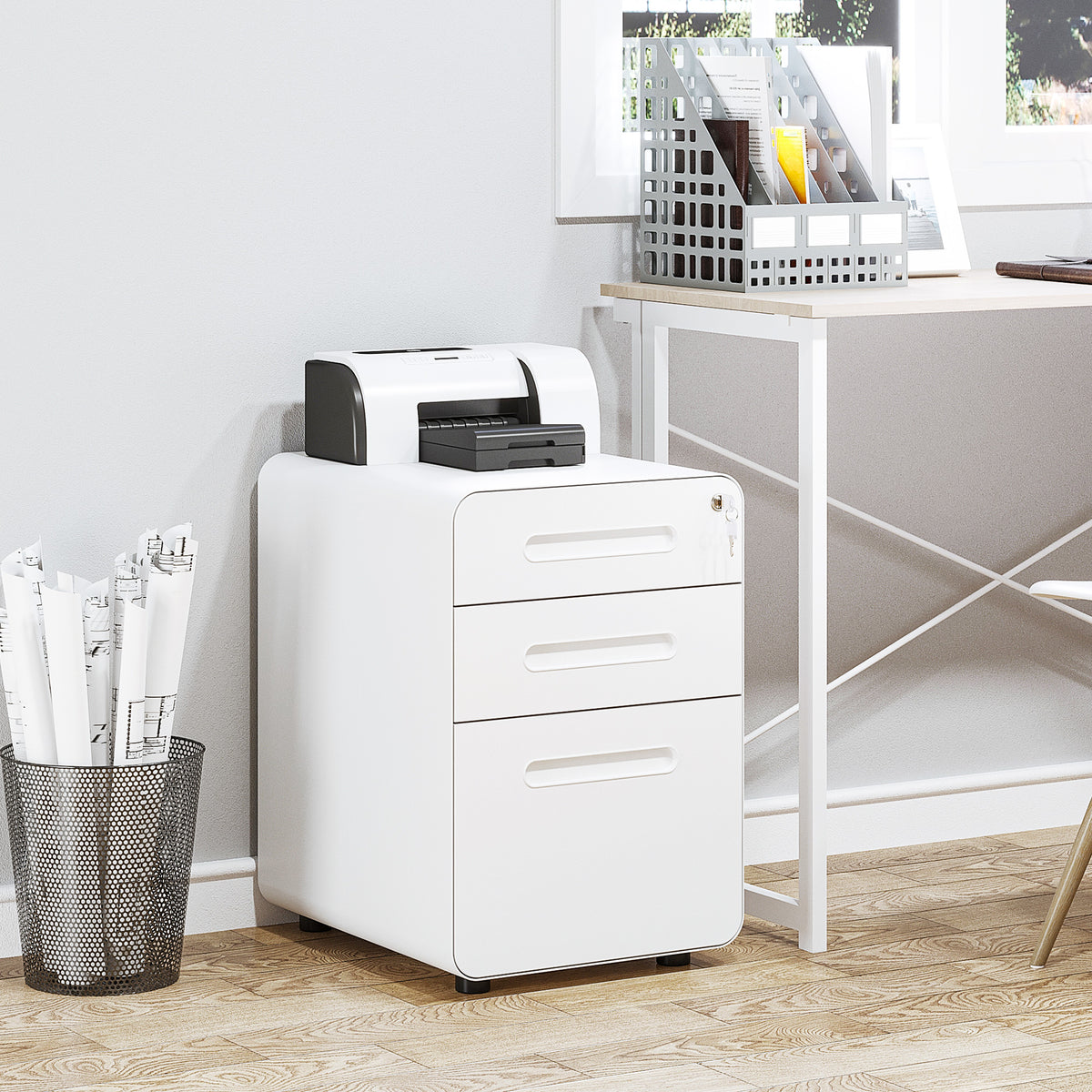 Mobile pedestal with 3 drawers, lockable mobile filing cabinet with casters, office cabinet with hanging file (2)